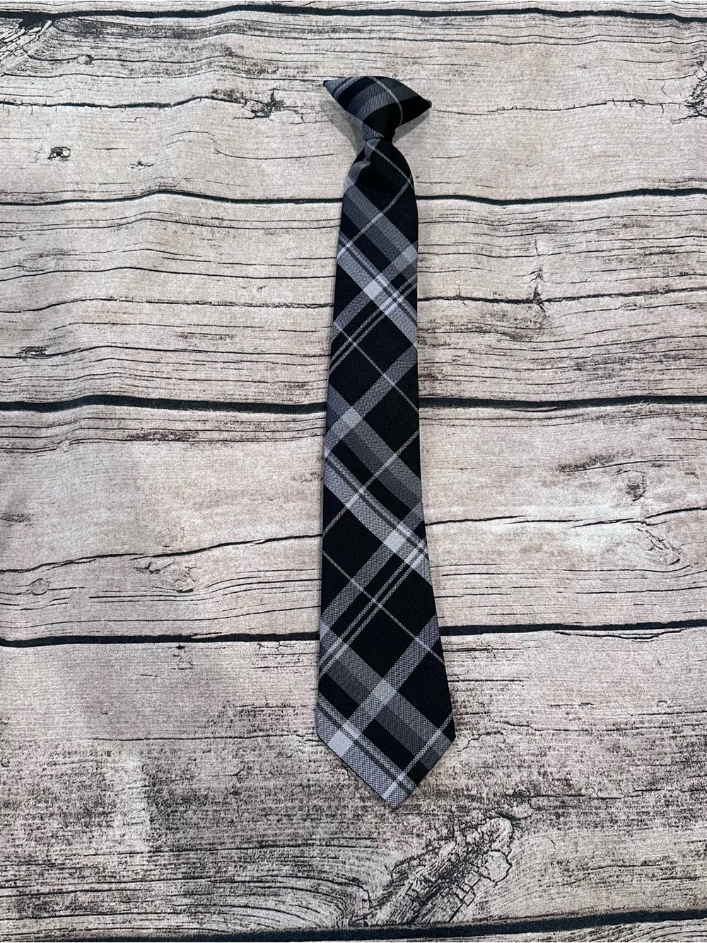 Black and Gray Plaid Kids Clip On Tie - Classic Formal Accessory OS